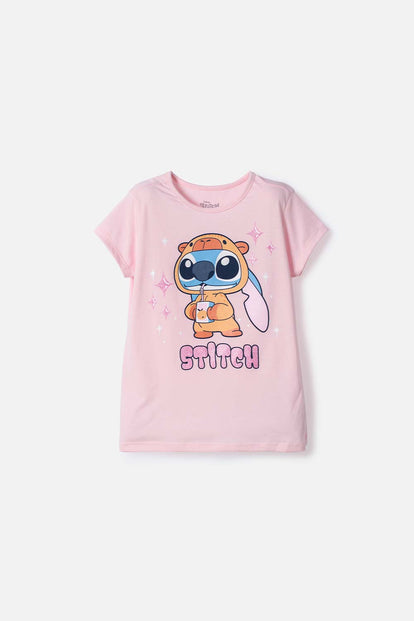 CAMISETAS DE STITCH Y CAPYBARA MANGA CORTA ROSADO PARA NIÑA