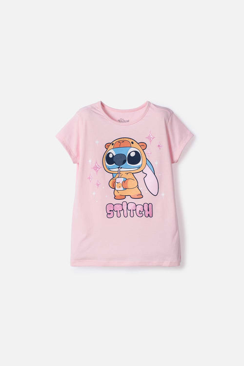 CAMISETAS DE STITCH Y CAPYBARA MANGA CORTA ROSADO PARA NIÑA