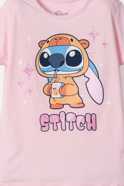 CAMISETAS DE STITCH Y CAPYBARA MANGA CORTA ROSADO PARA NIÑA