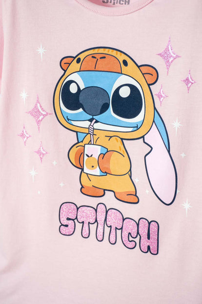 CAMISETAS DE STITCH Y CAPYBARA MANGA CORTA ROSADO PARA NIÑA