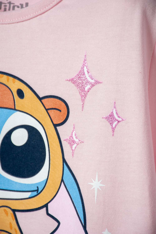CAMISETAS DE STITCH Y CAPYBARA MANGA CORTA ROSADO PARA NIÑA