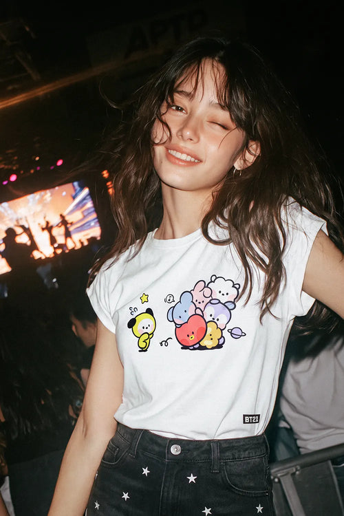 CAMISETAS DE  BT21 MANGA SISA BLANCO PARA NIÑA