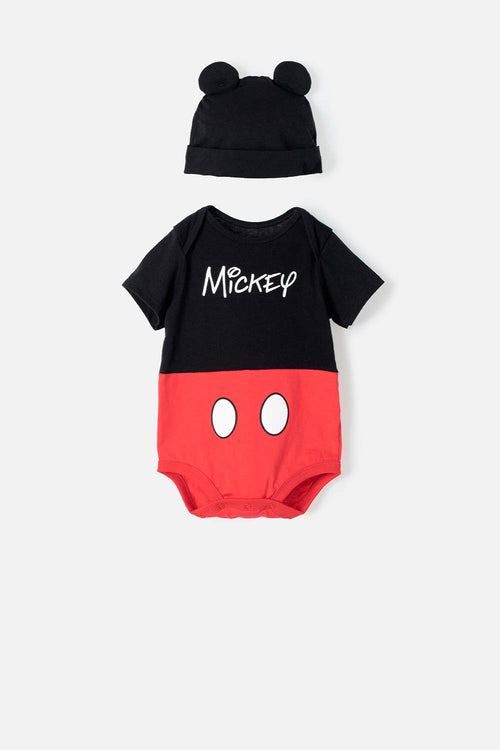 RED AND BLACK MICKEY MOUSE SHORT-SLEEVED BODYSUIT FOR BABY BOY