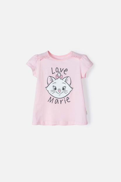 CAMISETA DE GATA MARIE MANGA CORTA ROSADA PARA NIÑA 2T A 5T