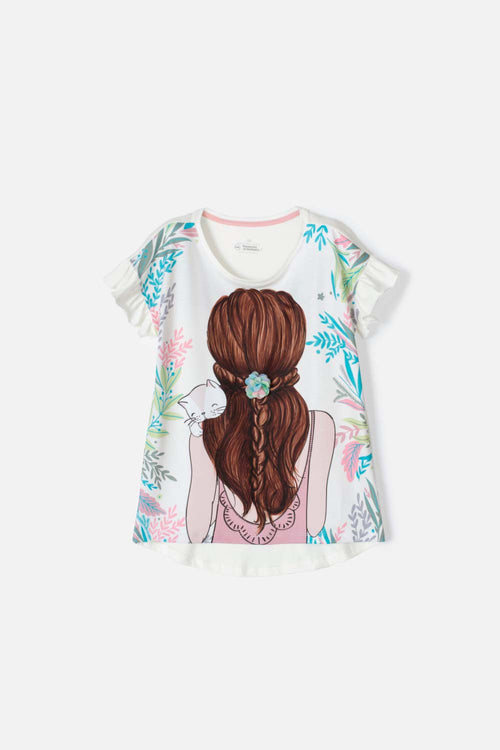 GIRL'S WHITE ROUND NECK PRINTED T-SHIRT