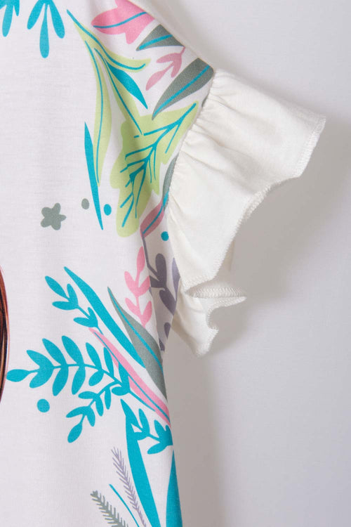GIRL'S WHITE ROUND NECK PRINTED T-SHIRT