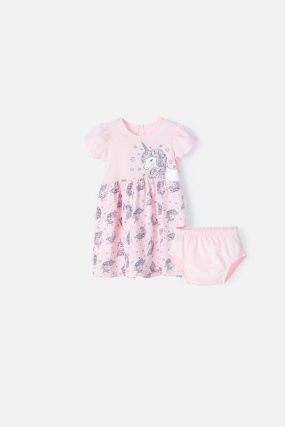 VESTIDO LITTLEMIC ROSADO DE MANGA CORTA PARA BEBÉ NIÑA