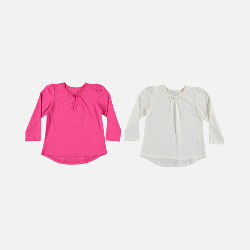 2 GIRLS' LONG-SLEEVE SHIRTS, PINK/WHITE BY LITTLEMIC