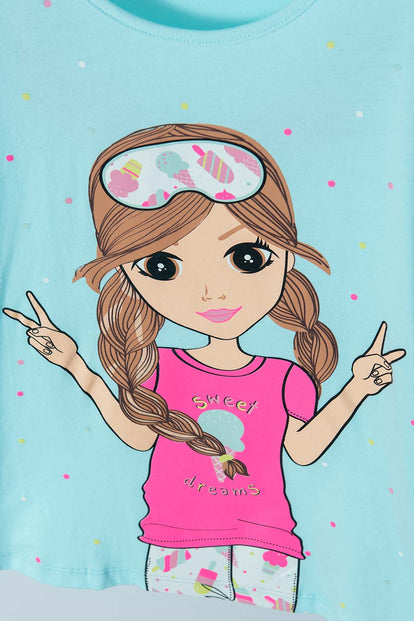 PIJAMA MIC DE PANTALÓN LARGO/CORTO AZUL Y ROSADO PARA NIÑA