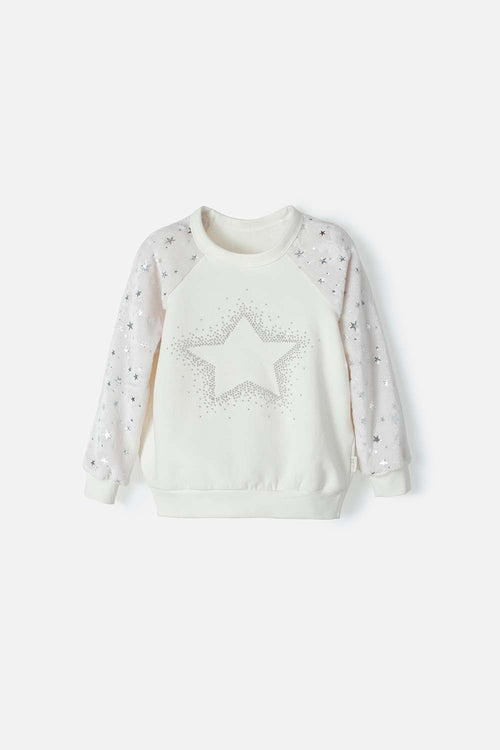 LITTLEMIC GIRLS' WHITE AND GRAY CREW NECK SWEATSHIRT 2T TO 5T