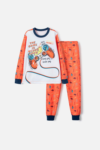 PIJAMA DE MIC MANGA LARGA BLANCO Y NARANJA PARA NIÑO