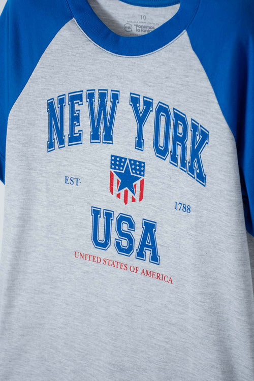CAMISETA DE MIC MANGA CORTA GRIS Y AZUL PARA NIÑO