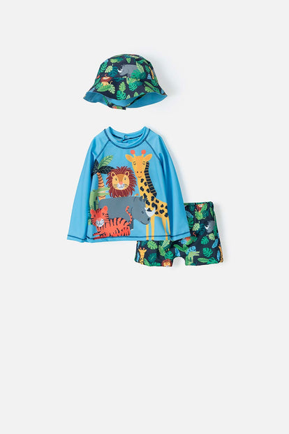 CONJUNTO DE BAÑO LITTLEMIC ESTAMPADO  AZUL CLARO Y OSCURO PARA BEBÉ NIÑO