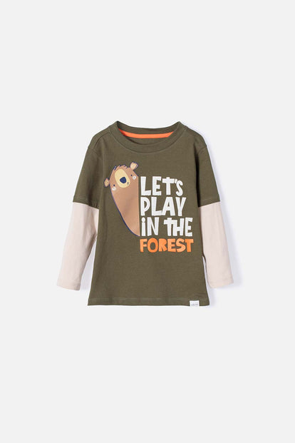 CAMISETA LITTLEMIC MANGA LARGA VERDE MILITAR Y CAQUI PARA NIÑO 2T A 5T