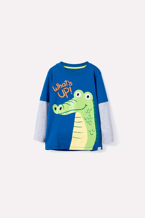 LITTLEMIC BLUE AND GREY LONG SLEEVE T-SHIRT FOR BOYS 2T TO 5T