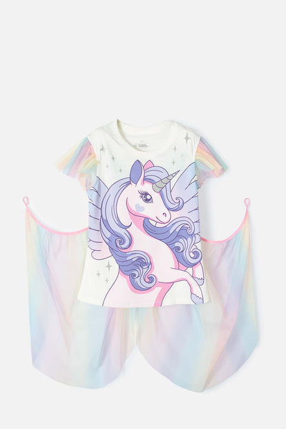 CAMISETA DE UNICORNIO MARFIL Y MULTICOLOR CON CAPA PARA NIÑA
