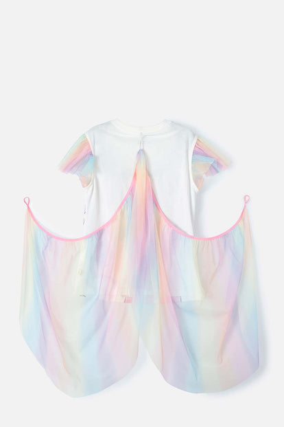 CAMISETA DE UNICORNIO MARFIL Y MULTICOLOR CON CAPA PARA NIÑA
