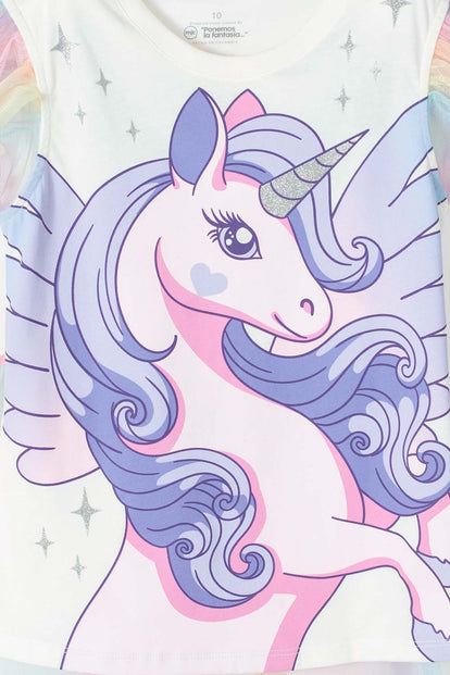 CAMISETA DE UNICORNIO MARFIL Y MULTICOLOR CON CAPA PARA NIÑA