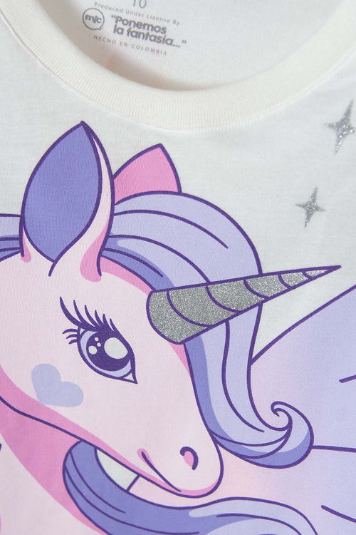 CAMISETA DE UNICORNIO MARFIL Y MULTICOLOR CON CAPA PARA NIÑA