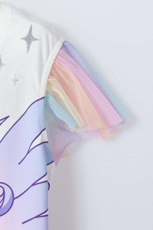 CAMISETA DE UNICORNIO MARFIL Y MULTICOLOR CON CAPA PARA NIÑA