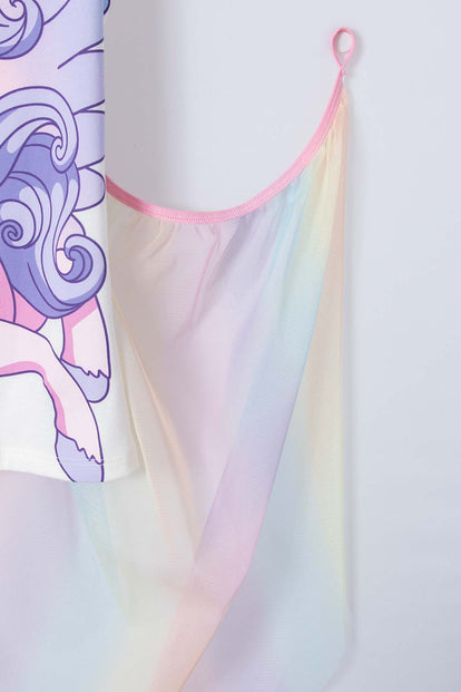 CAMISETA DE UNICORNIO MARFIL Y MULTICOLOR CON CAPA PARA NIÑA