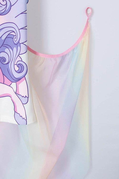 CAMISETA DE UNICORNIO MARFIL Y MULTICOLOR CON CAPA PARA NIÑA