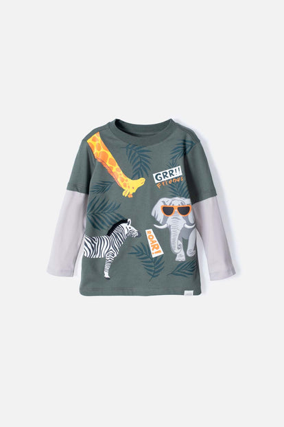CAMISETA DE LITTLEMIC MANGA LARGA VERDE/GRIS PARA NIÑO