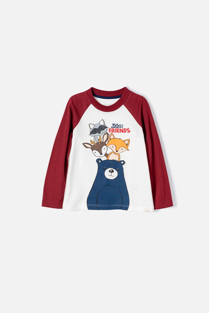 CAMISETA DE LITTLEMIC MANGA LARGA MARFIL Y VINOTINTO PARA NIÑO 2T A 5T