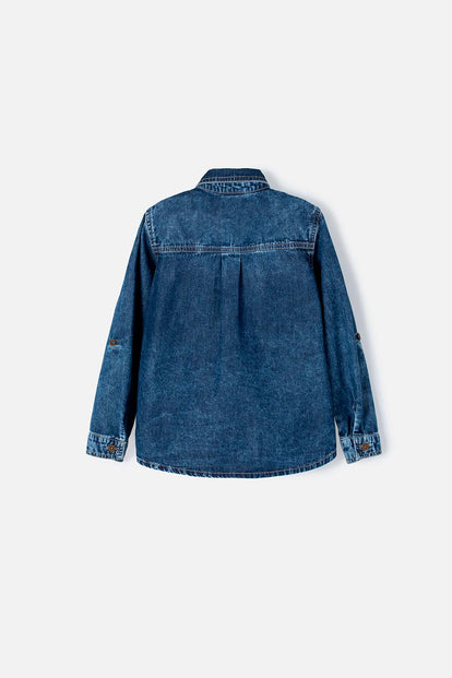 CAMISA LITTLEMIC AZUL TONO MEDIO MANGA LARGA PARA NIÑO 2T A 5T