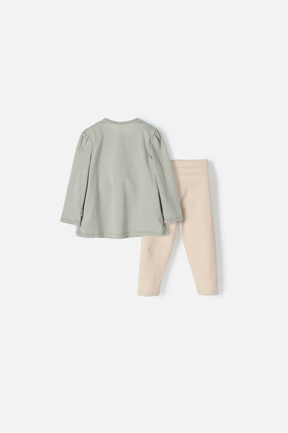 CONJUNTO LITTLEMIC VERDE Y CAQUI MANGA LARGA PARA BEBÉ NIÑA