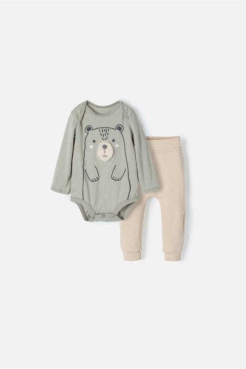 LITTLEMIC GREEN AND KHAKI LONG-SLEEVED SET FOR BABY BOY