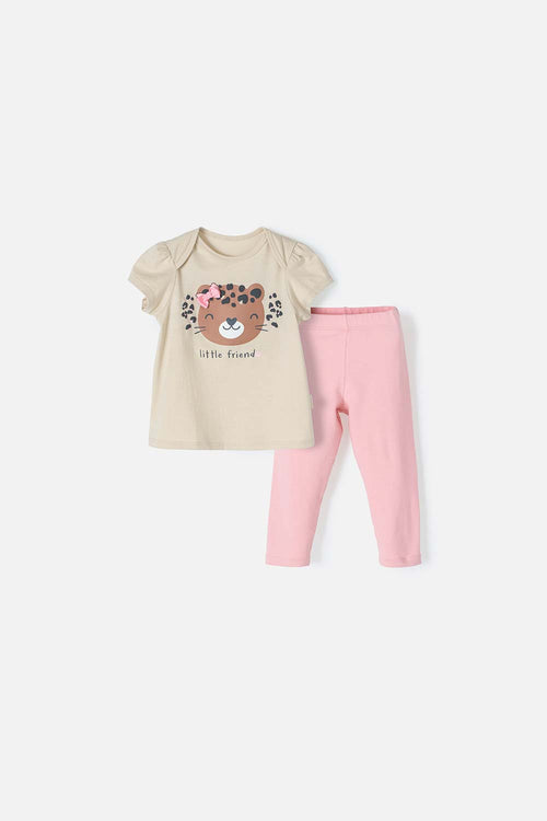 LITTLEMIC KHAKI AND ROSEWOOD BABY GIRL PANT SET