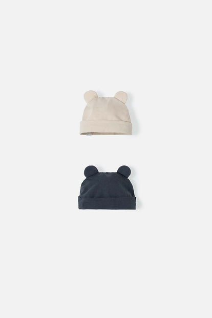 DÚO DE GORROS CAQUI Y GRIS CON OREJITAS PARA BEBÉ NIÑO