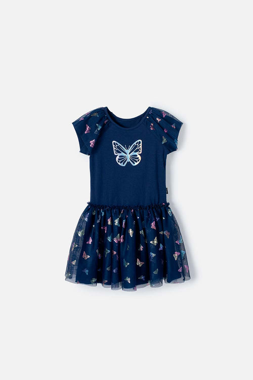 LITTLEMIC SHORT SLEEVE BLUE DRESS FOR GIRLS 2T TO 5T