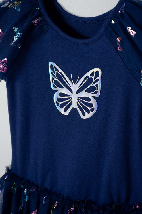LITTLEMIC SHORT SLEEVE BLUE DRESS FOR GIRLS 2T TO 5T