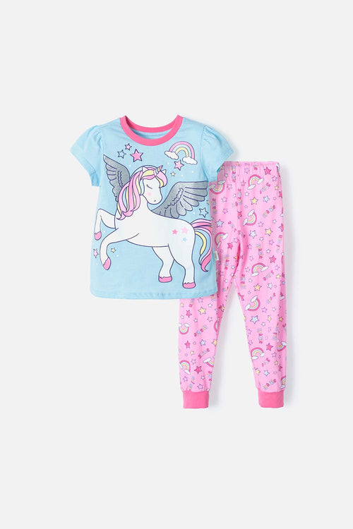 LITTLEMIC BLUE AND PINK SHORT-SLEEVED PAJAMAS FOR GIRLS 2T TO 5T