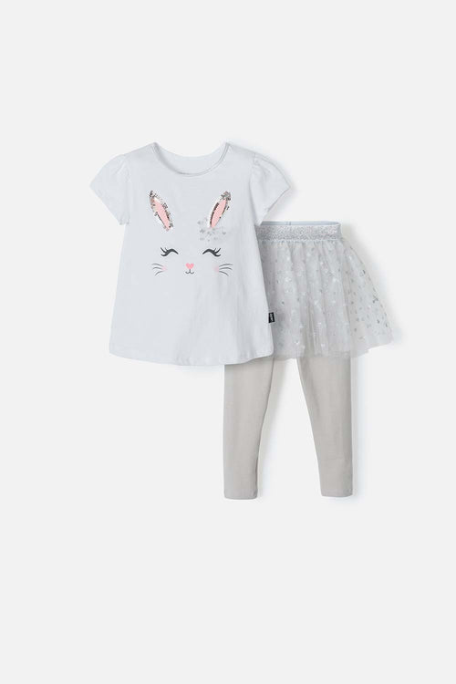 LITTLEMIC WHITE/GRAY LONG PANT SET FOR GIRLS 2T TO 5T