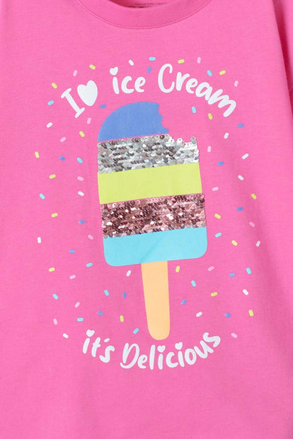 CAMISETA MIC ROSADA CON BORDADO EN LENTEJUELAS PARA NIÑA