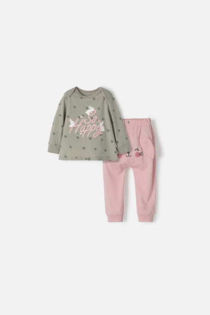 PIJAMA DE LITTLEMIC CON PANTALÓN LARGO VERDE Y PALO ROSA PARA BEBÉ NIÑA