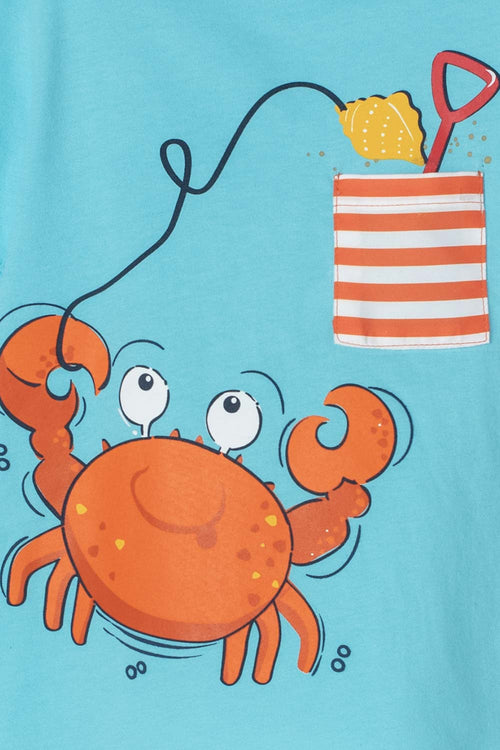 LITTLEMIC TURQUOISE FRONT PRINTED T-SHIRT FOR BOYS 2T TO 5T