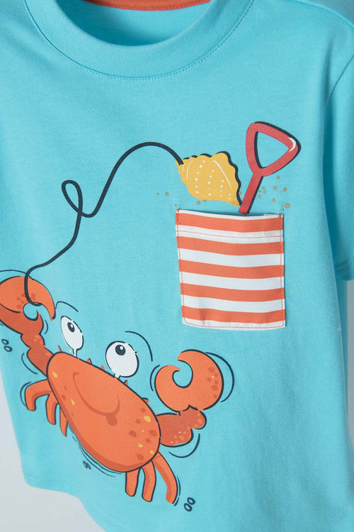 LITTLEMIC TURQUOISE FRONT PRINTED T-SHIRT FOR BOYS 2T TO 5T