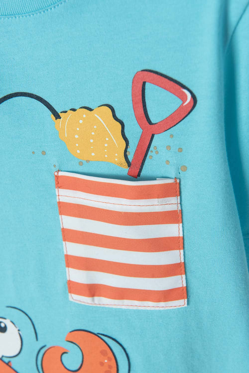 LITTLEMIC TURQUOISE FRONT PRINTED T-SHIRT FOR BOYS 2T TO 5T