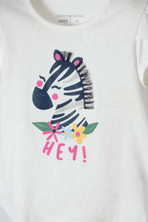LITTLEMIC GIRLS' IVORY SHORT-SLEEVED T-SHIRT 2T TO 5T