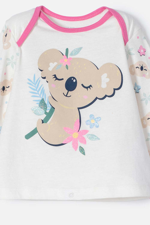 LITTLEMIC IVORY AND PINK LONG-PANTS PAJAMAS FOR BABY GIRLS