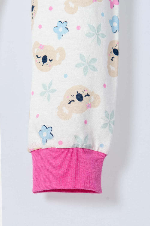 LITTLEMIC IVORY AND PINK LONG-PANTS PAJAMAS FOR BABY GIRLS