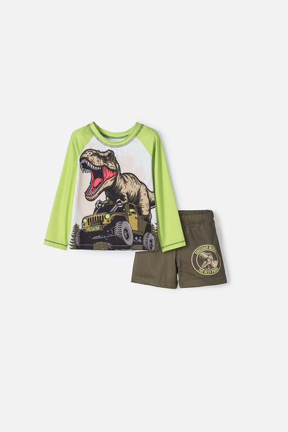 CONJUNTO DE BAÑO LITTLEMIC VERDE DE CAMISETA MANGA LARGA PARA NIÑO 2T A 5T