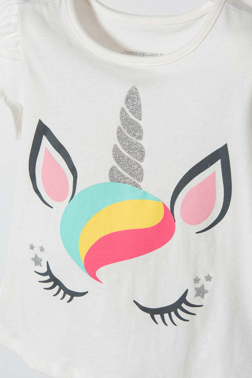 LITTLEMIC GIRLS' IVORY SHORT-SLEEVED T-SHIRT 2T TO 5T