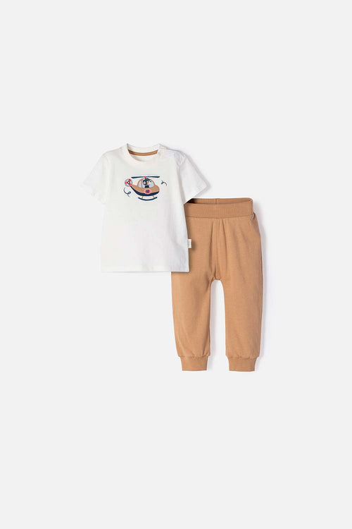 LITTLEMIC IVORY AND COFFEE SHORT SLEEVE SET FOR BABY BOY