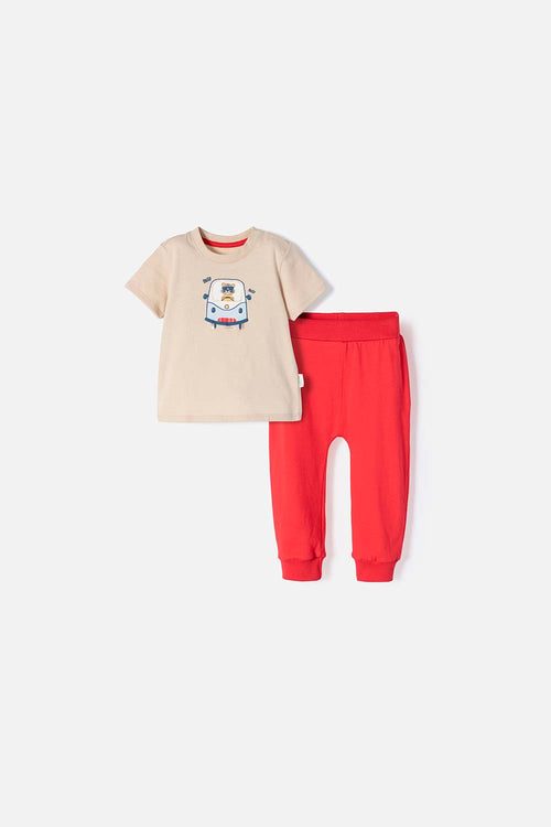 LITTLEMIC KHAKI AND RED OUTFIT WITH FRONT PRINT FOR BABY BOY