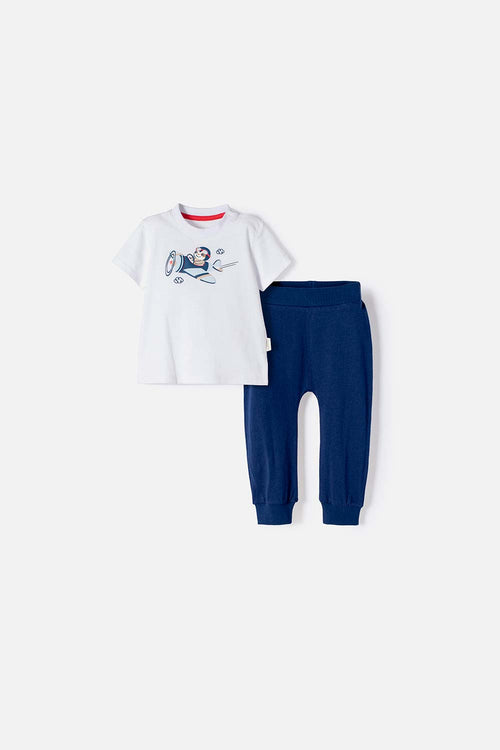 LITTLEMIC WHITE AND BLUE SHORT SLEEVE SET FOR BABY BOY
